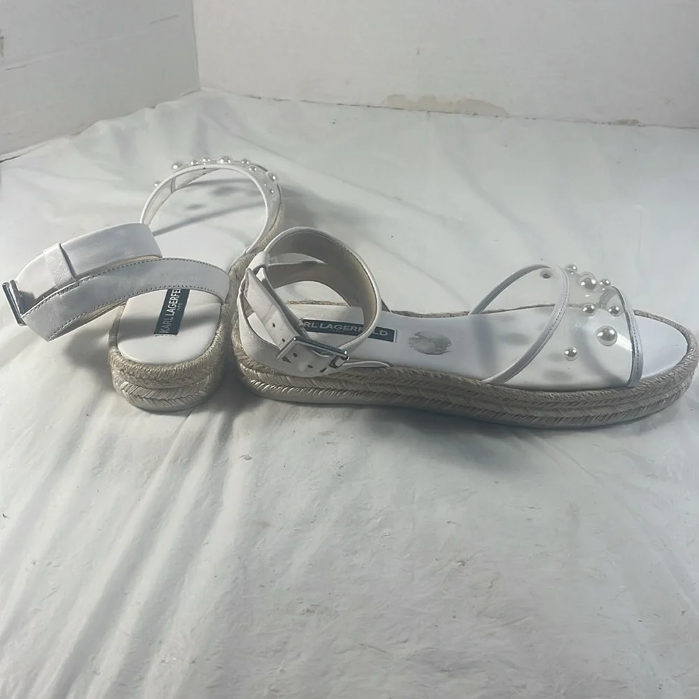 Karl Lagerfeld Paris Women’s White Adalina Espadrille Sandals with Pearl Details